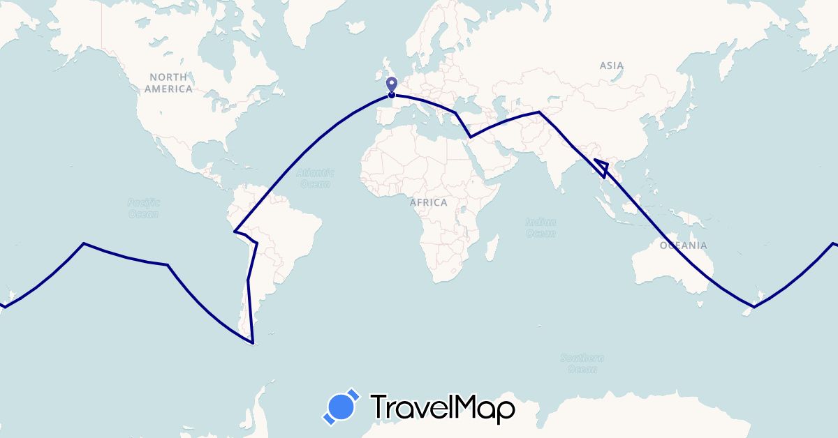 TravelMap itinerary: driving in Argentina, Bolivia, Chile, France, Jordan, Laos, Myanmar (Burma), Nepal, New Zealand, Peru, French Polynesia, Thailand, Turkey, Uzbekistan (Asia, Europe, Oceania, South America)